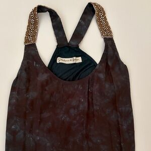 Blue Marbled Tie-Dye Sleeveless Racerback Tank with Beading Accent on Straps